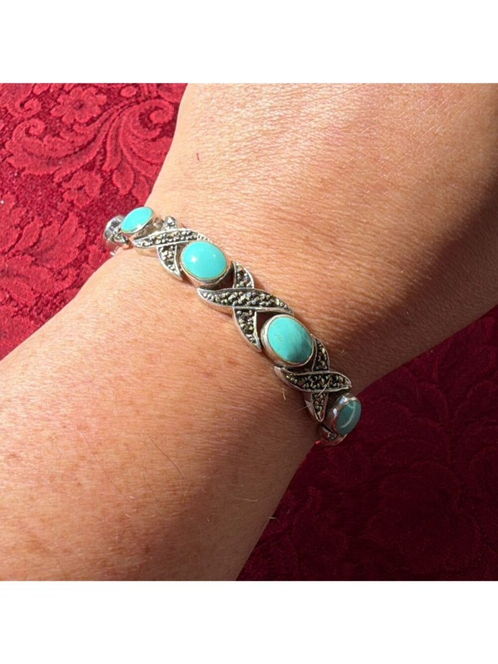 Vintage 925 Sterling Silver Turquoise Marcasite Tennis Deco X Link Bracelet 7